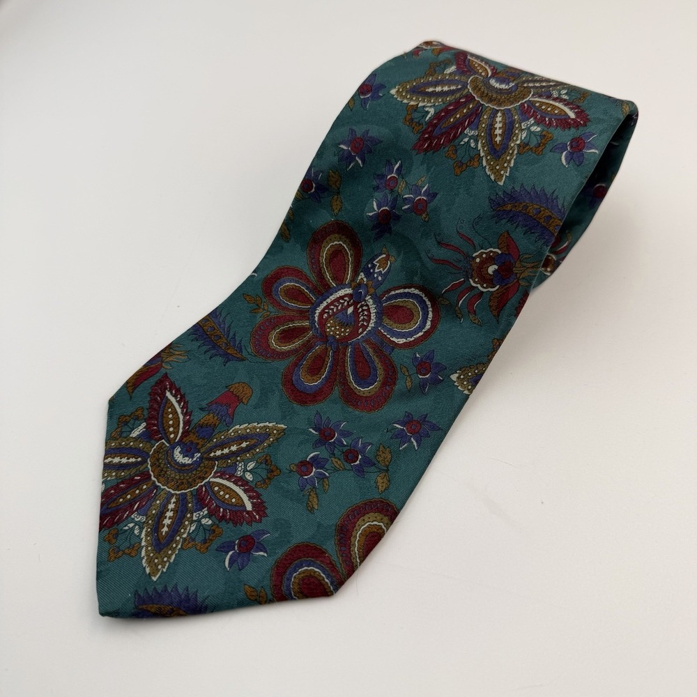 Vintage Stanley Blacker 100% Silk Floral Turquoise Tie